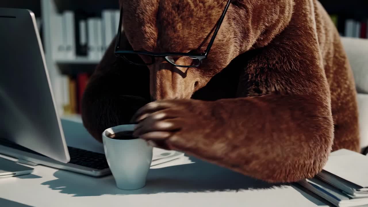 A humorous video concept featuring a bear in glasses sipping coffee at a desk