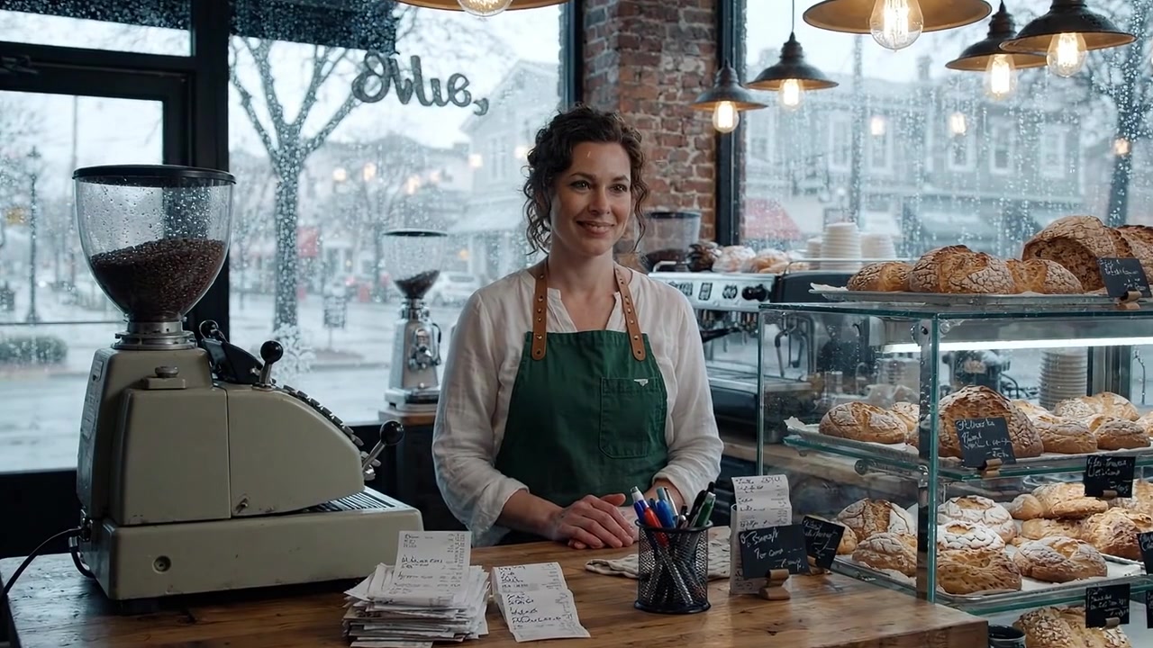 Scena di un accogliente caffè con un barista con pasticcini e un macinacaffè vintage, in una giornata di pioggia all'esterno, creando un'atmosfera invitante per i clienti.