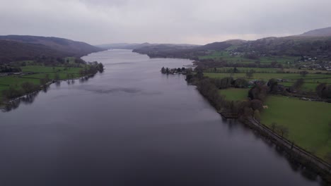 disparo de drones panorámico sobre un lago en un día oscuro y malhumorado, amplio, aéreo