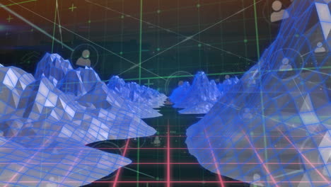 animación de iconos de perfil interconectados con líneas sobre montañas digitales y destello de la lente