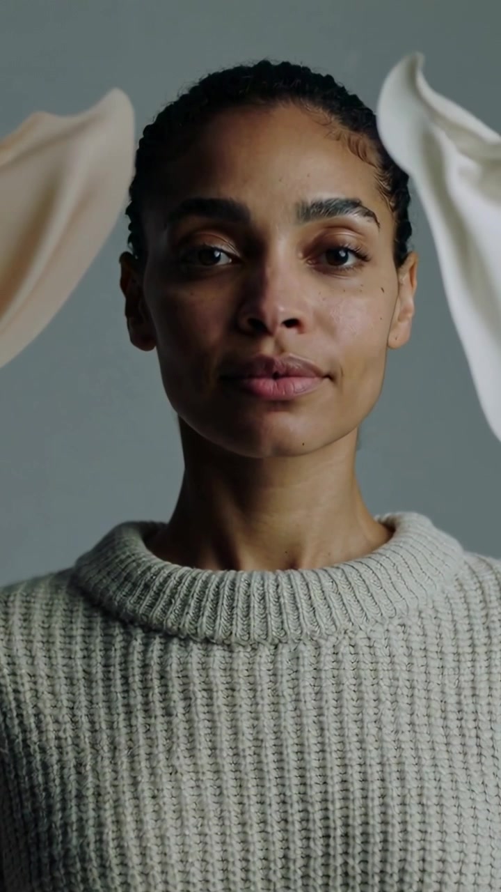Vertical video: Sweeping petals revealing woman holding gaze in studio, with sweater and lighting