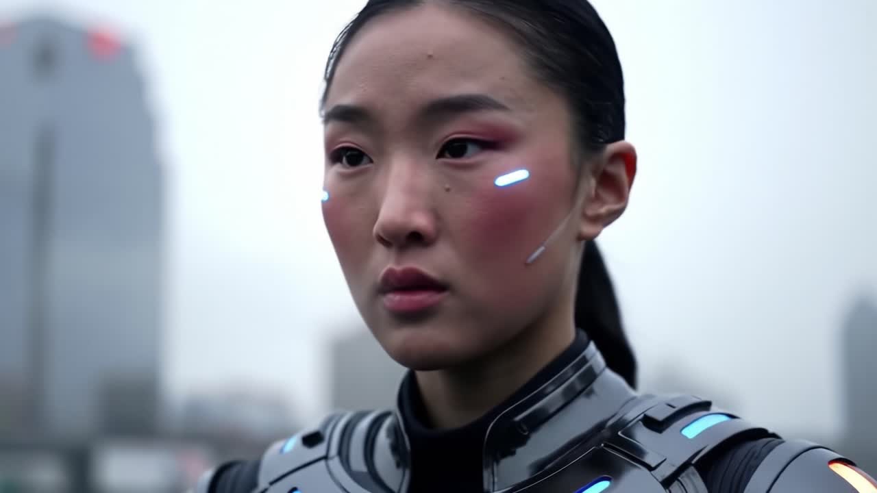 A futuristic character with cybernetic features stands against a modern urban backdrop, showcasing a blend of technology and humanity, in a moment of contemplation or resolve