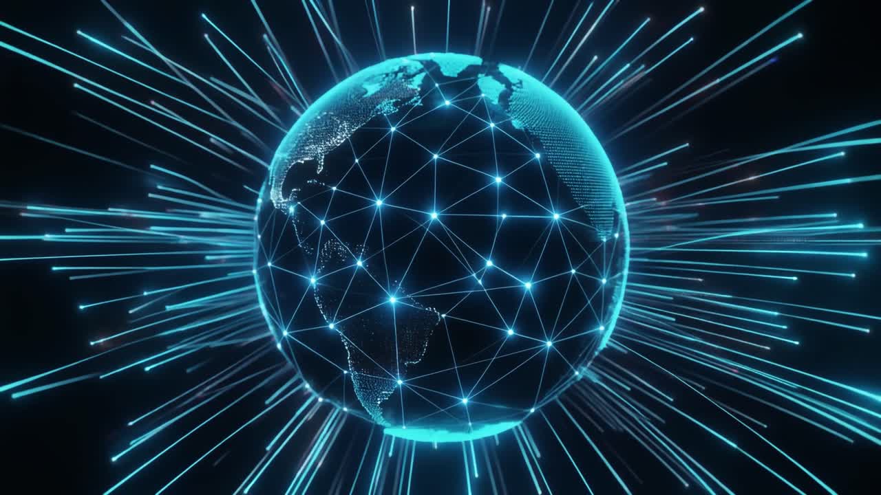 Mappamondo digitale con rete globale e raggi luminosi in espansione