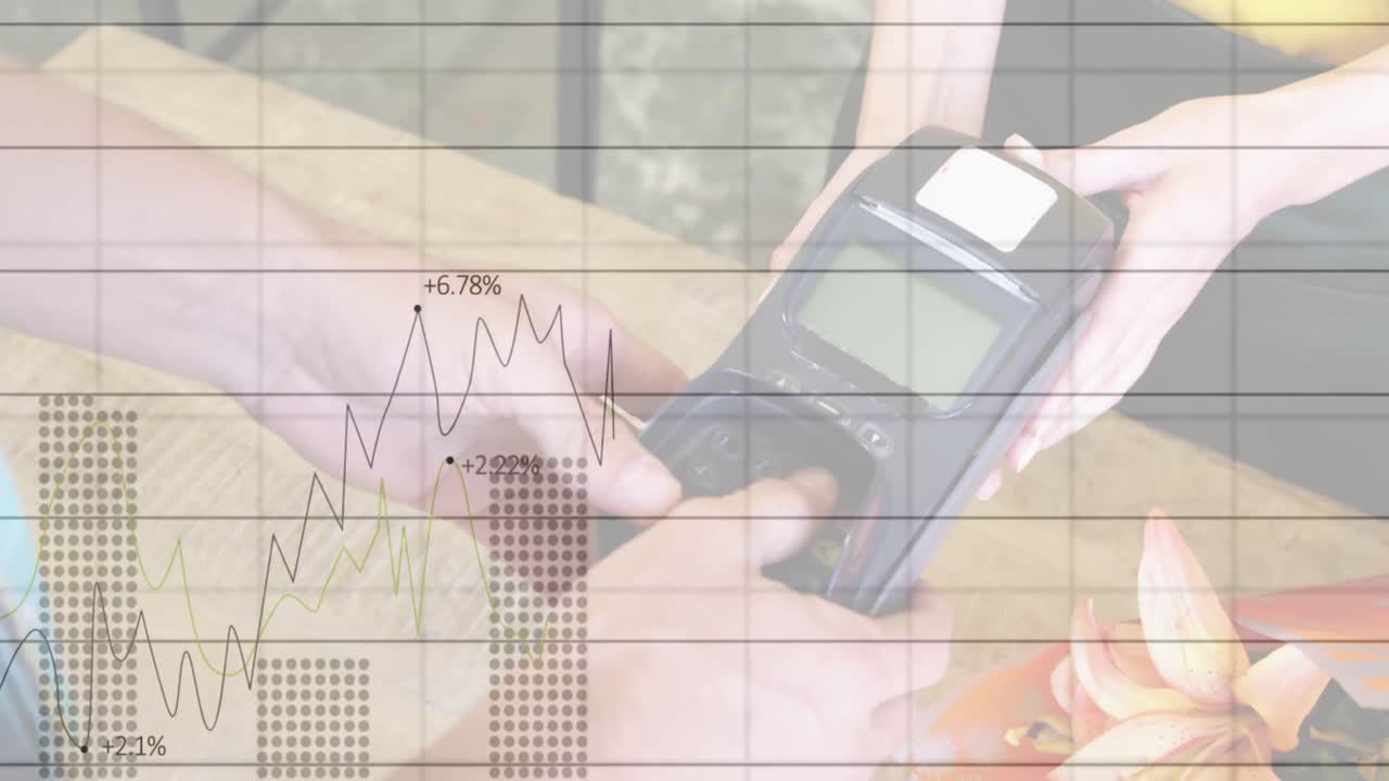 決済端末のピン番号を入力する人の上で金融データ処理のアニメーション