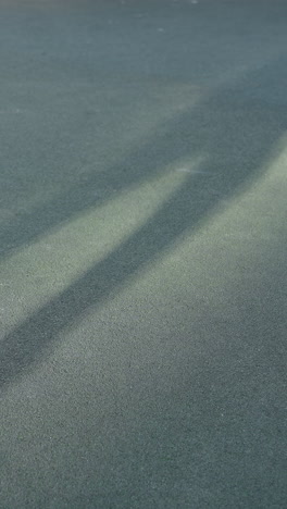 sombra de un jugador de fútbol en el suelo durante un juego en una arena deportiva, mostrando el movimiento y la energía de la escena a medida que la luz interactúa con la superficie texturizada