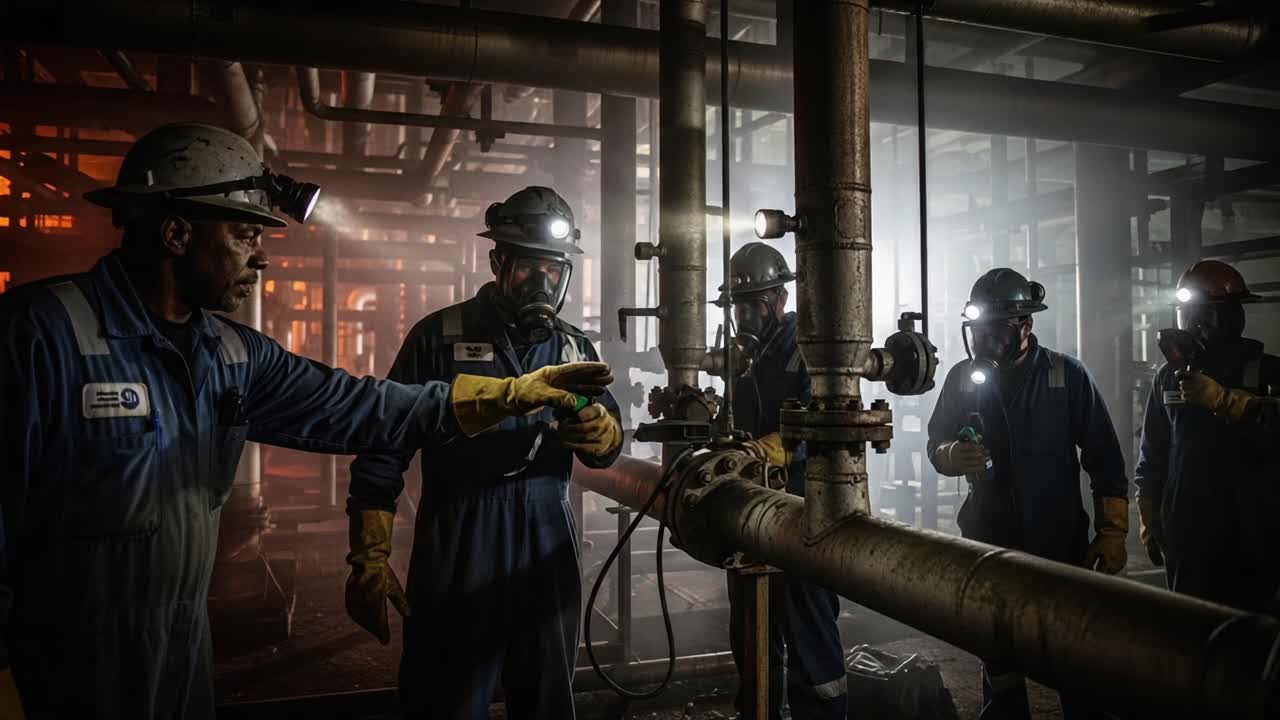 Team of Industrial Workers in Protective Gear Collaborating on Equipment Maintenance in a Dimly Lit Facility with Focused Lighting and Safety Precautions