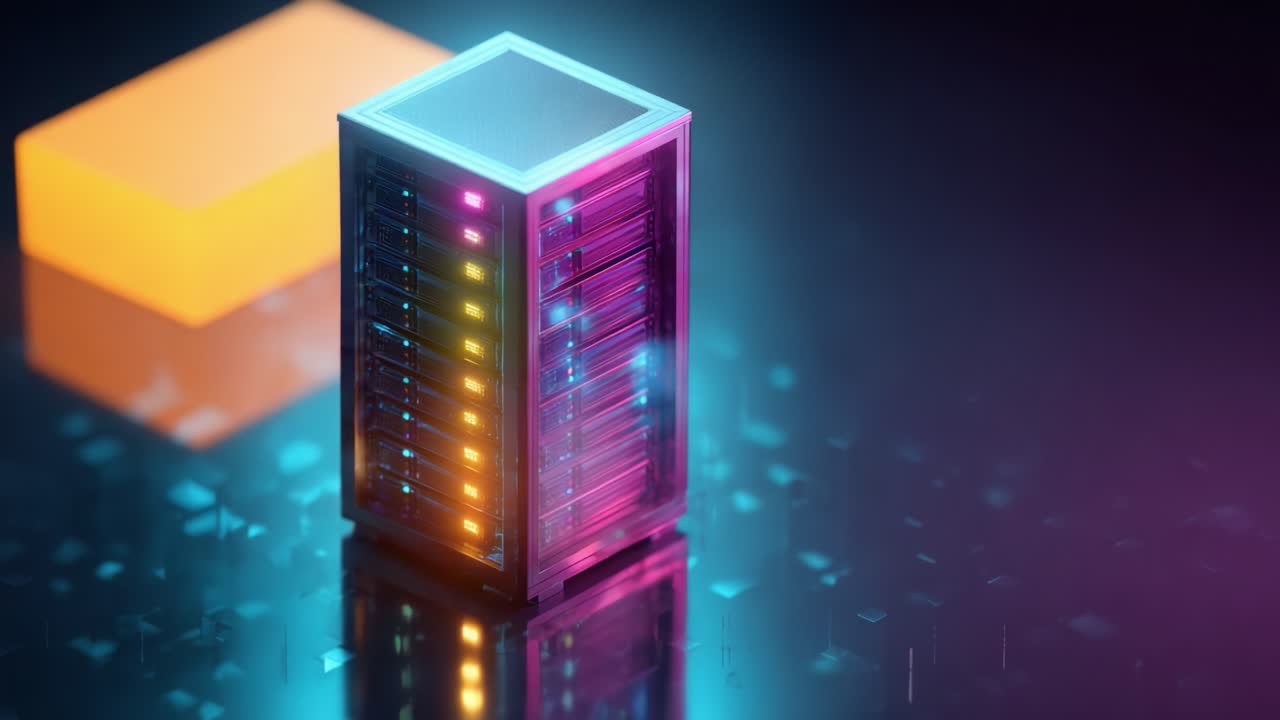 A Futuristic Data Server Tower Surrounded by Colorful Cubes, Emitting Vibrant Lights in a Digital Landscape, Symbolizing Modern Technology and Data Storage Solutions