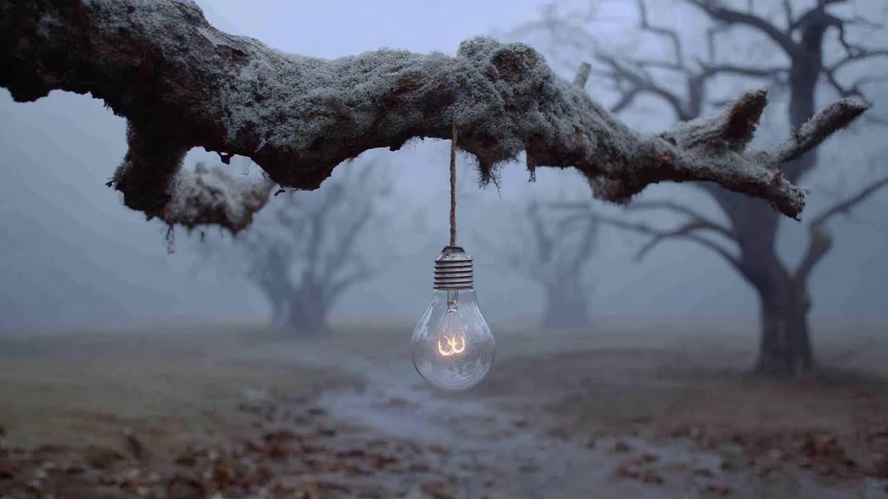 A Glimmer of Light: Captivating Images of a Bare Tree Branch with a Glowing Light Bulb Surrounded by a Mysterious Foggy Forest Landscape