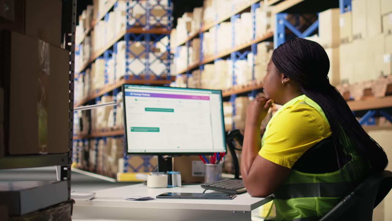 Vertical Video Warehouse employee using package tracking software on computer monitor