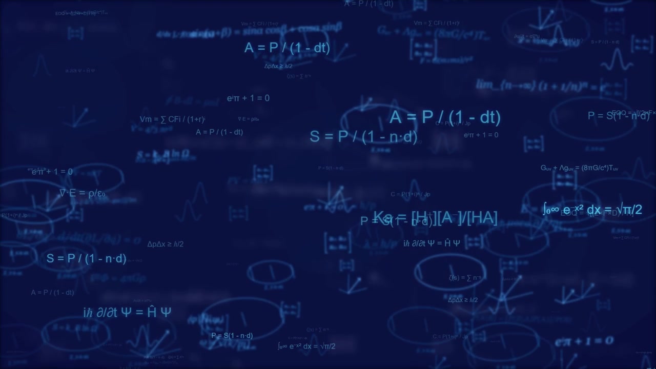 Complex Mathematical Formulas and Physics Equations on Dark Blue Background