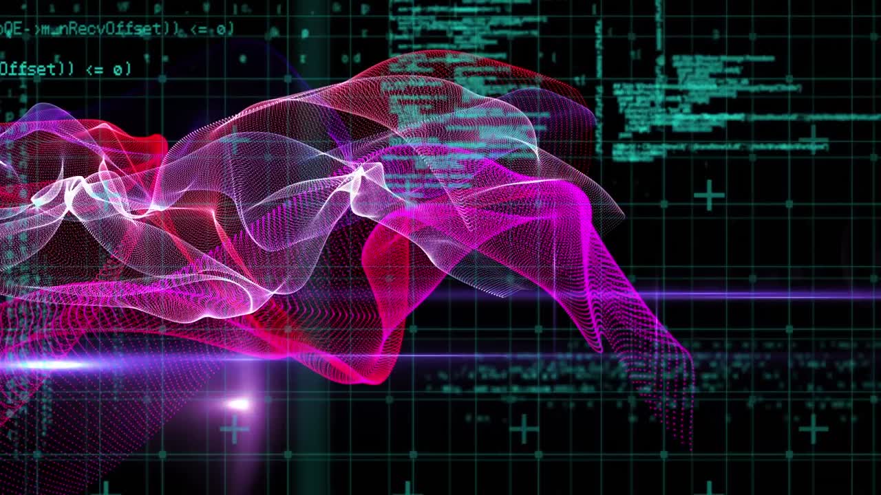 Animation of waves over data processing on black background