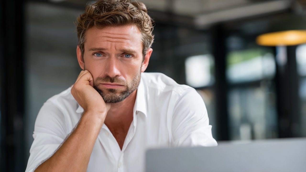 A man expresses contemplation and concern while sitting at a desk, looking at a laptop, showcasing emotions of thoughtfulness and frustration.