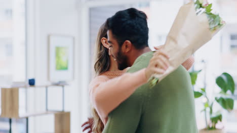 love, hug and couple with flowers