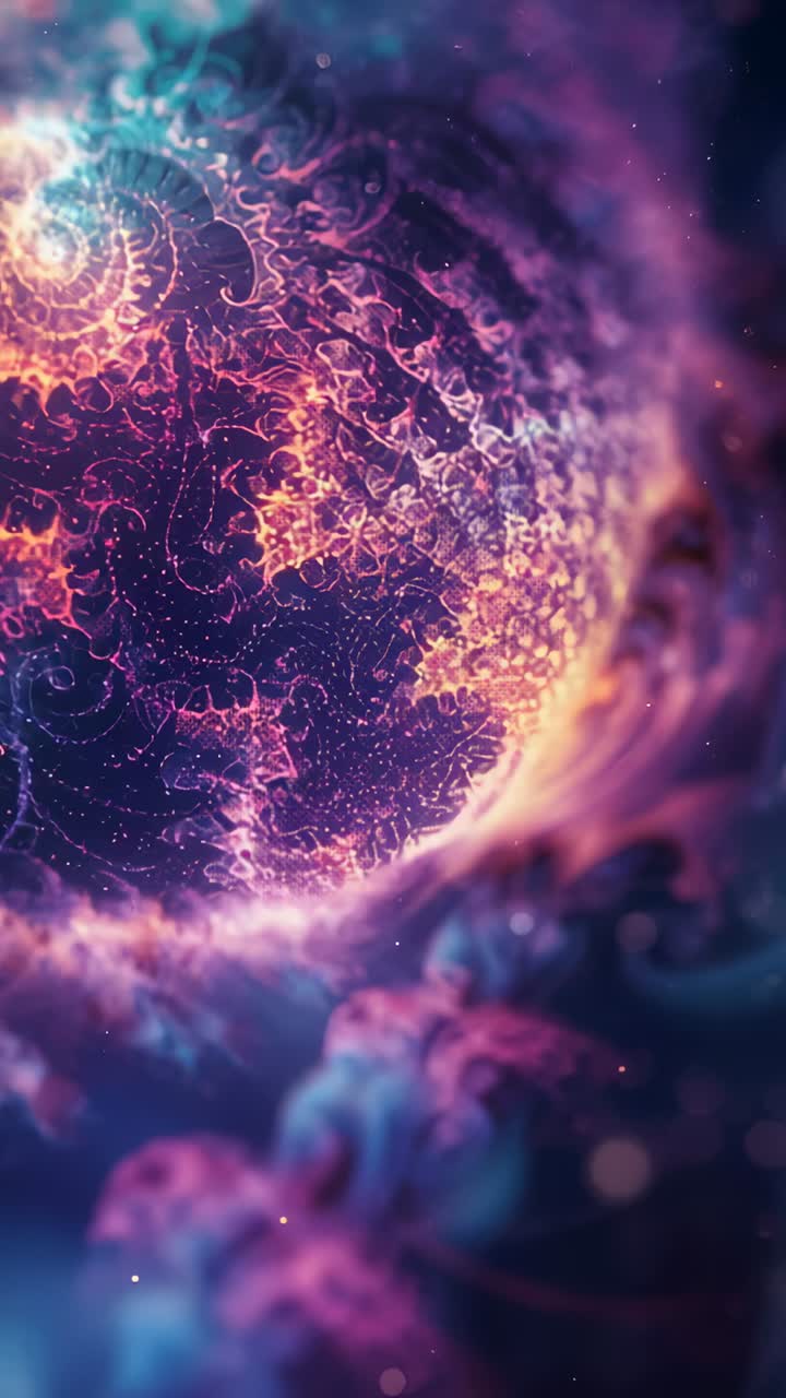 Vertical video: Panning camera revealing patterned sphere in nebula, lines pulsing, sparks drifting