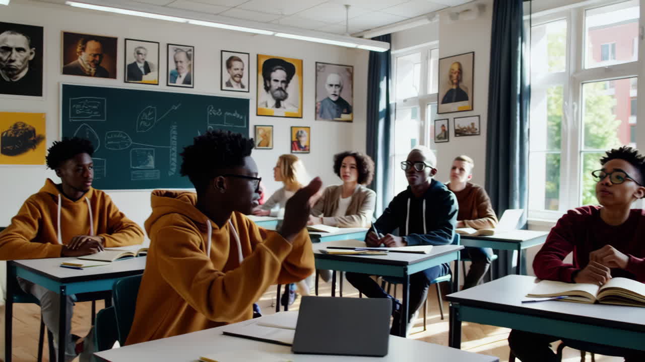 Diverse students and a teacher in a modern classroom setting