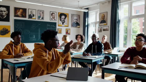 diverse students and a teacher in a modern classroom setting