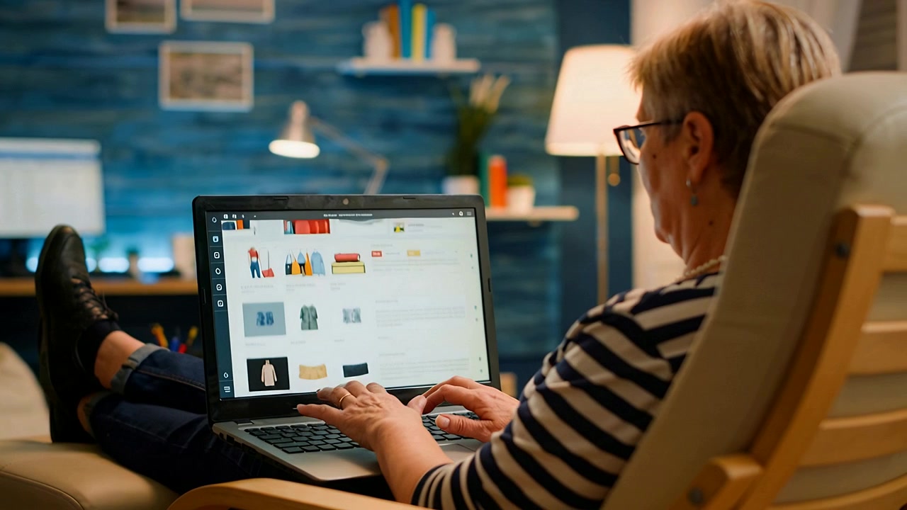 En ældre kvinde i en stribet top sidder i en lænestol, taster på sin bærbare computer efter et skotilbud og scroller for at købe.