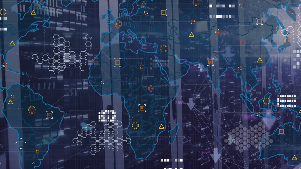 Animation of world map, data processing and mosaic squares against computer server room