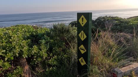 warning signs near coastal vegetation and ocean view