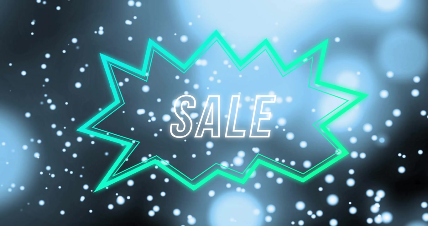 Neon teal starburst initiating as SALE text fading, pulsing and confetti drifting, promoting sale