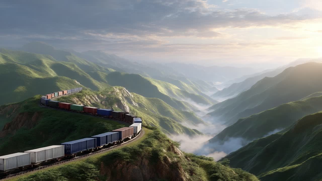A Scenic Journey: A Cargo Train Winds Through Majestic Mountains and Lush Green Valleys, Surrounded by Misty Clouds at Dawn's Early Light