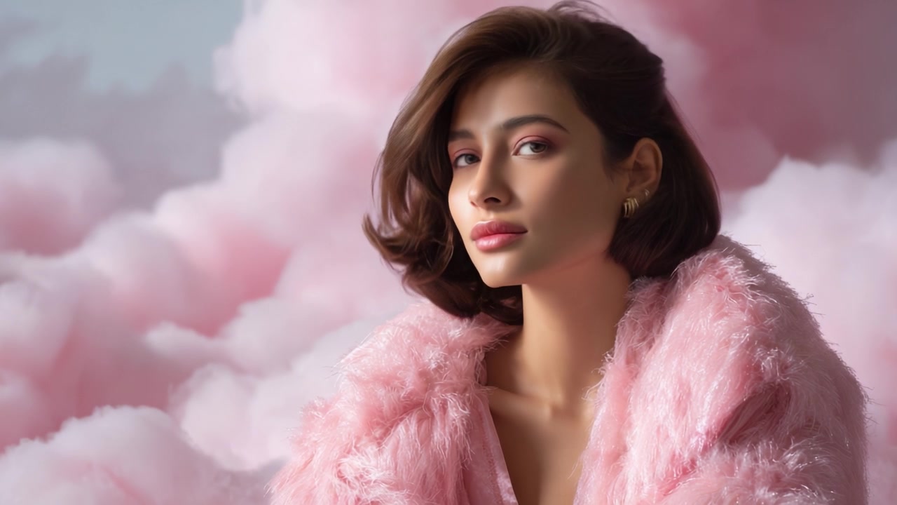 Un ritratto accattivante di una giovane donna con una morbida pelliccia rosa circondata da soffici nuvole rosa, che emana eleganza e raffinatezza in un'atmosfera onirica