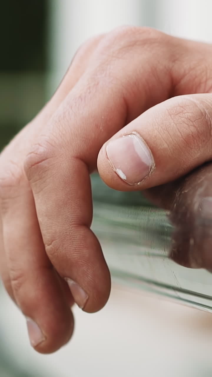 Man in office suit taps fingers on metal railing on city street close view slow motion. Skilled manager at stress situation during business strategy