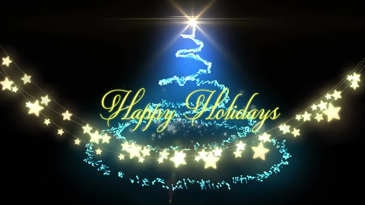 크리스마스 트리와 빛나는 요정 불빛의 줄과 함께 행복한 크리스마스 텍스트의 애니메이션