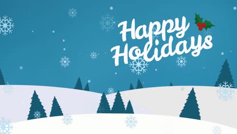 Animation-of-happy-holidays-text-at-christmas-over-snow-falling