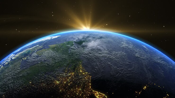Sunrise and shadow on the earth rotate in space with star in universe. World realistic atmosphere 3D volumetric clouds texture surface. Elements of this image are furnished by NASA