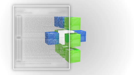 3d cubes in green and blue with text and code animation over white background