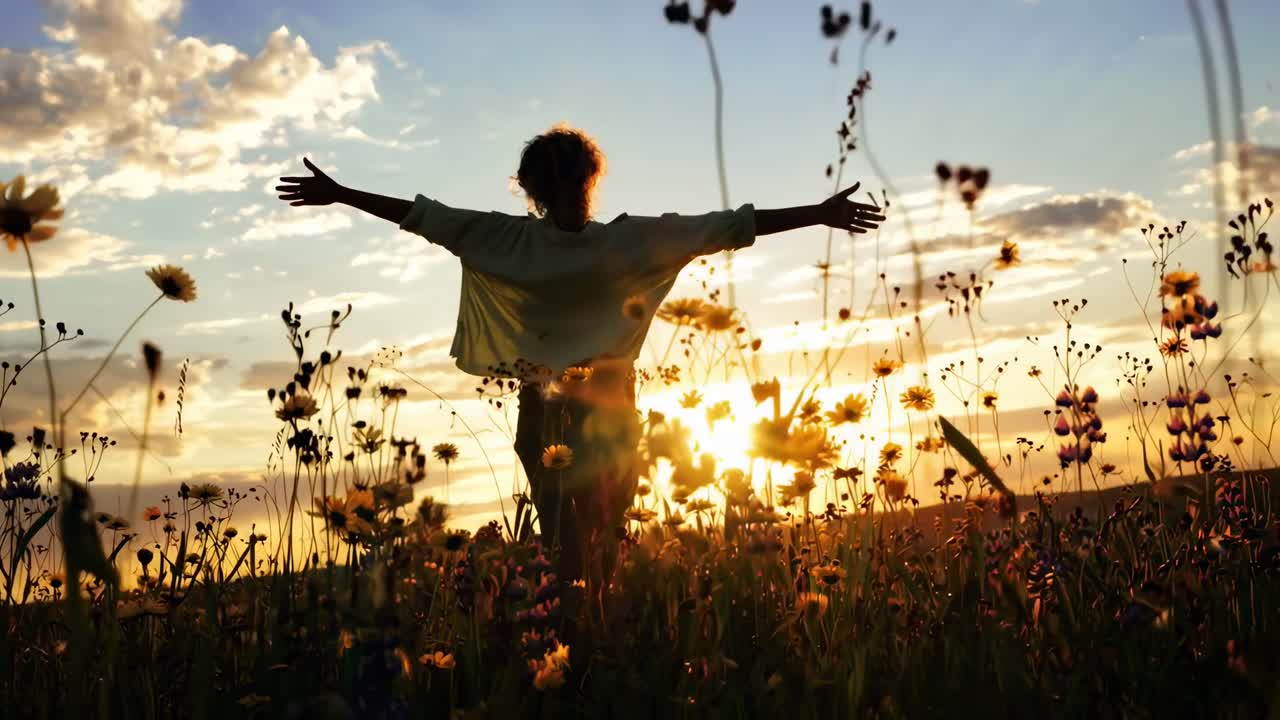 Silhouette einer Person auf einem Feld bei Sonnenuntergang, aus niedriger Perspektive aufgenommen, ideal für ein friedliches Video