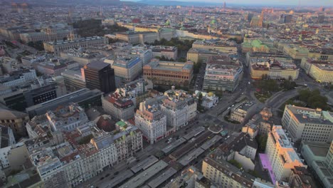 Aerial-fly-streets-of-Vienna-city-historic-center-capital-of-Austria-at-daylight