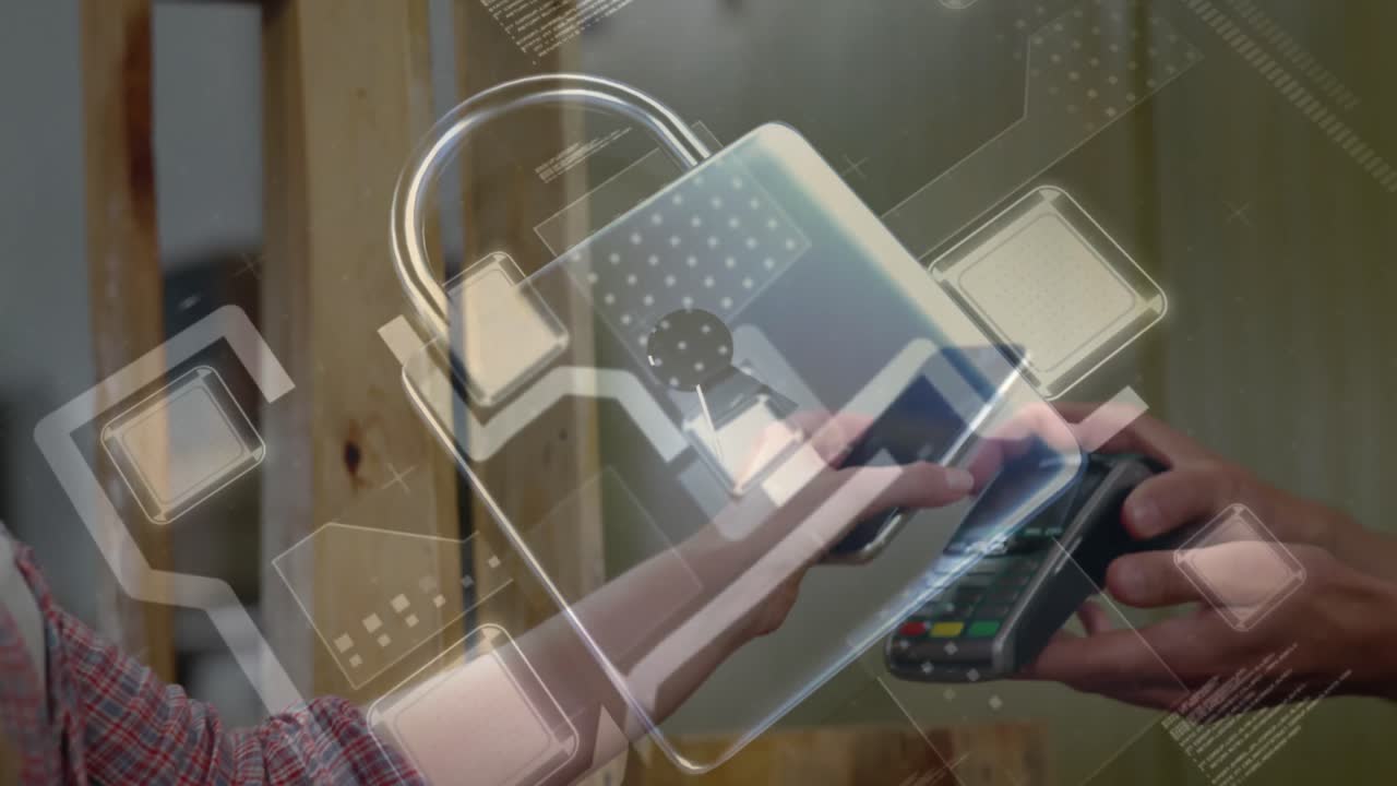 animación del candado de seguridad de la red sobre las personas que utilizan el terminal de pago