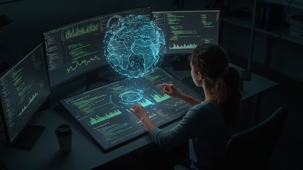 A Focused Female Analyst Interacting with Advanced Data Visualizations and 3D Global Models in a High-Tech Monitoring Environment