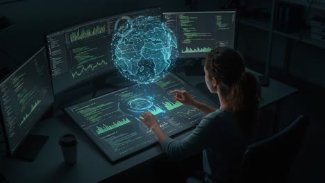 a focused female analyst interacting with advanced data visualizations and 3d global models in a high-tech monitoring environment