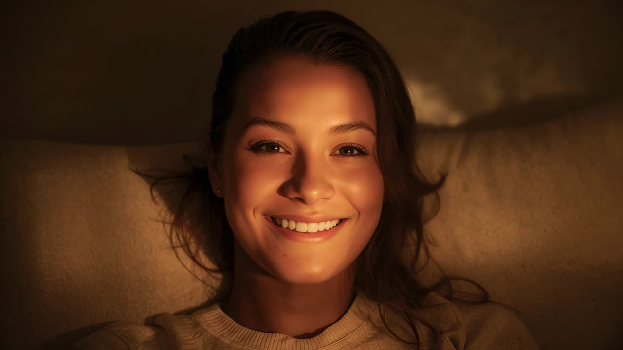 Opening eyes woman reacting to rising warm light while reclining on cushion, wearing knit sweater