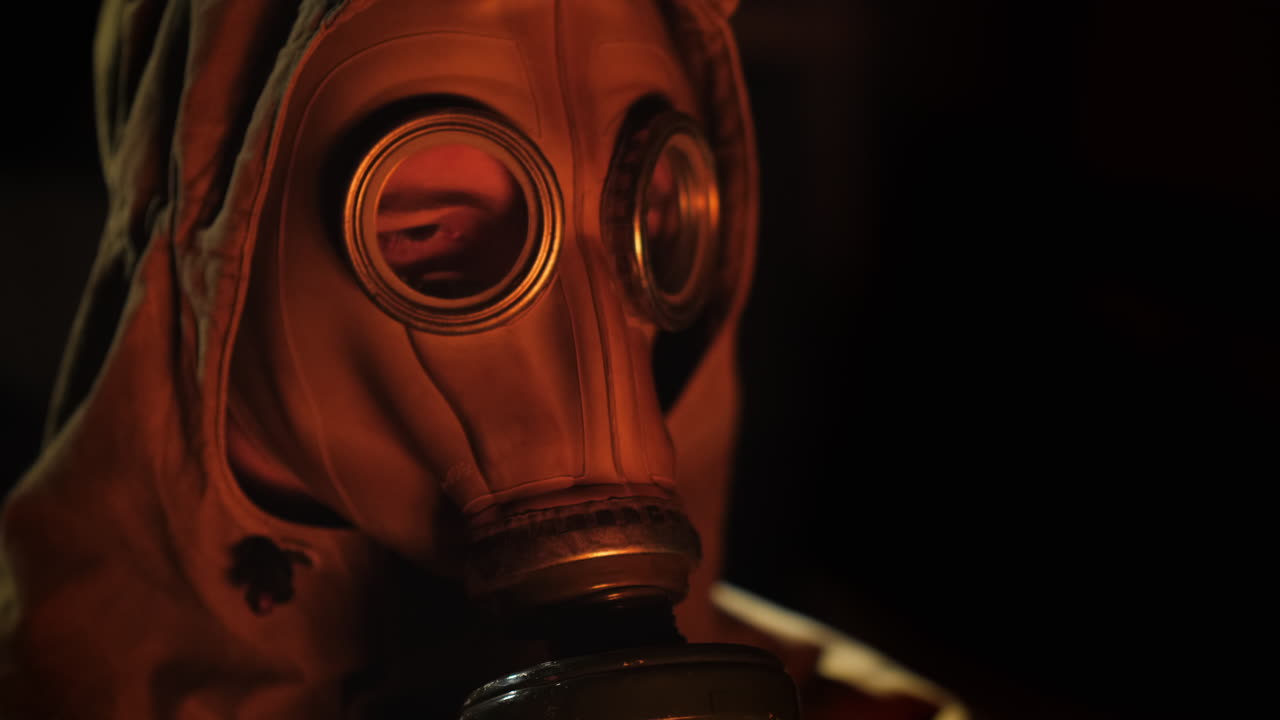 un hombre con una máscara de gas mira el fuego, la llama se refleja en la máscara