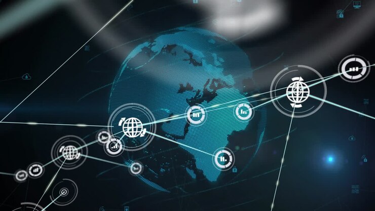 Animation of network of connections with globe icons over globe