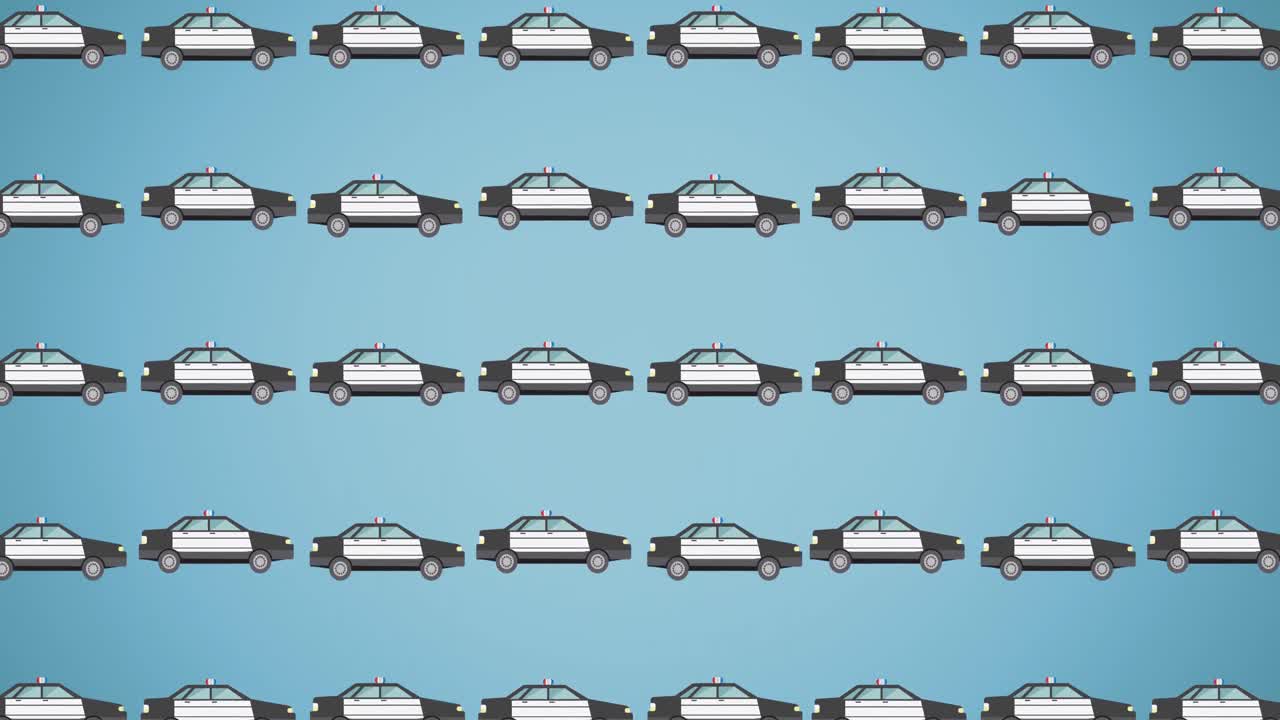 파란색 배경에 여러 경찰차 아이콘의 애니메이션