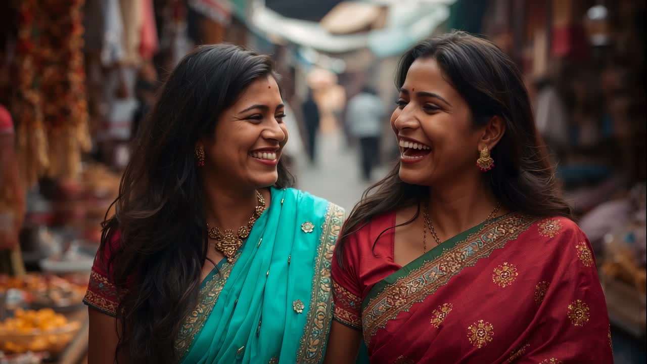 Two Indian friends in sarees stepping into market alley, walking with marigold garlands