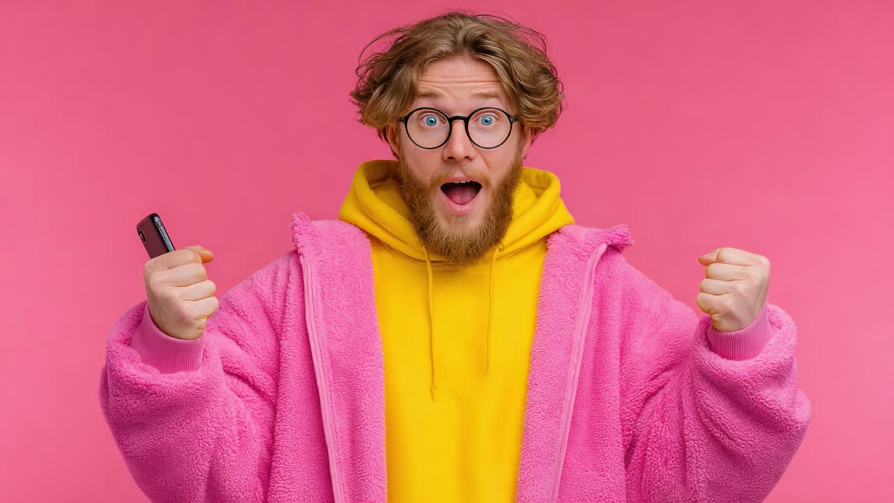An Excited Young Man Expresses Joy in a Pink Hoodie, Eliciting a Vibrant Atmosphere with Enthusiasm and Cheerfulness in a Playful Setting