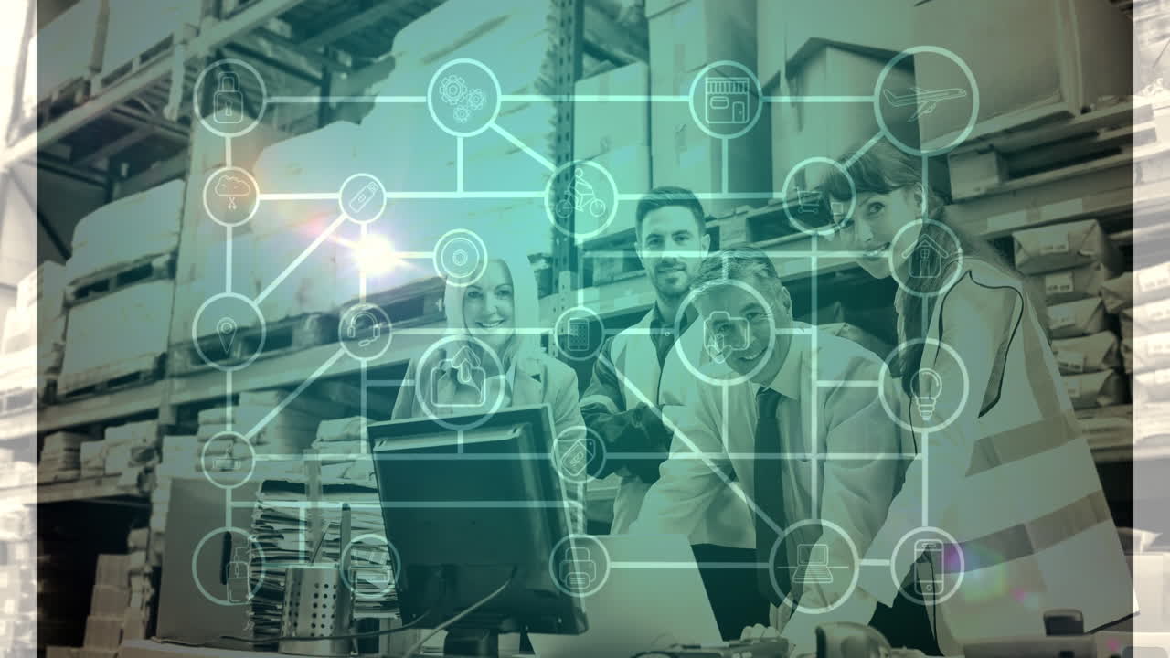 composición del almacén personas que trabajan en el almacén combinado con animación de conexiones