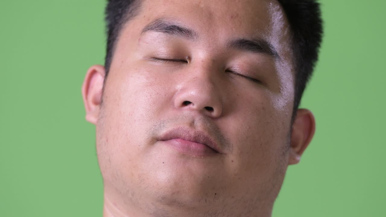 Young handsome overweight Asian man against green background
