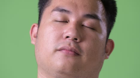 young handsome overweight asian man against green background