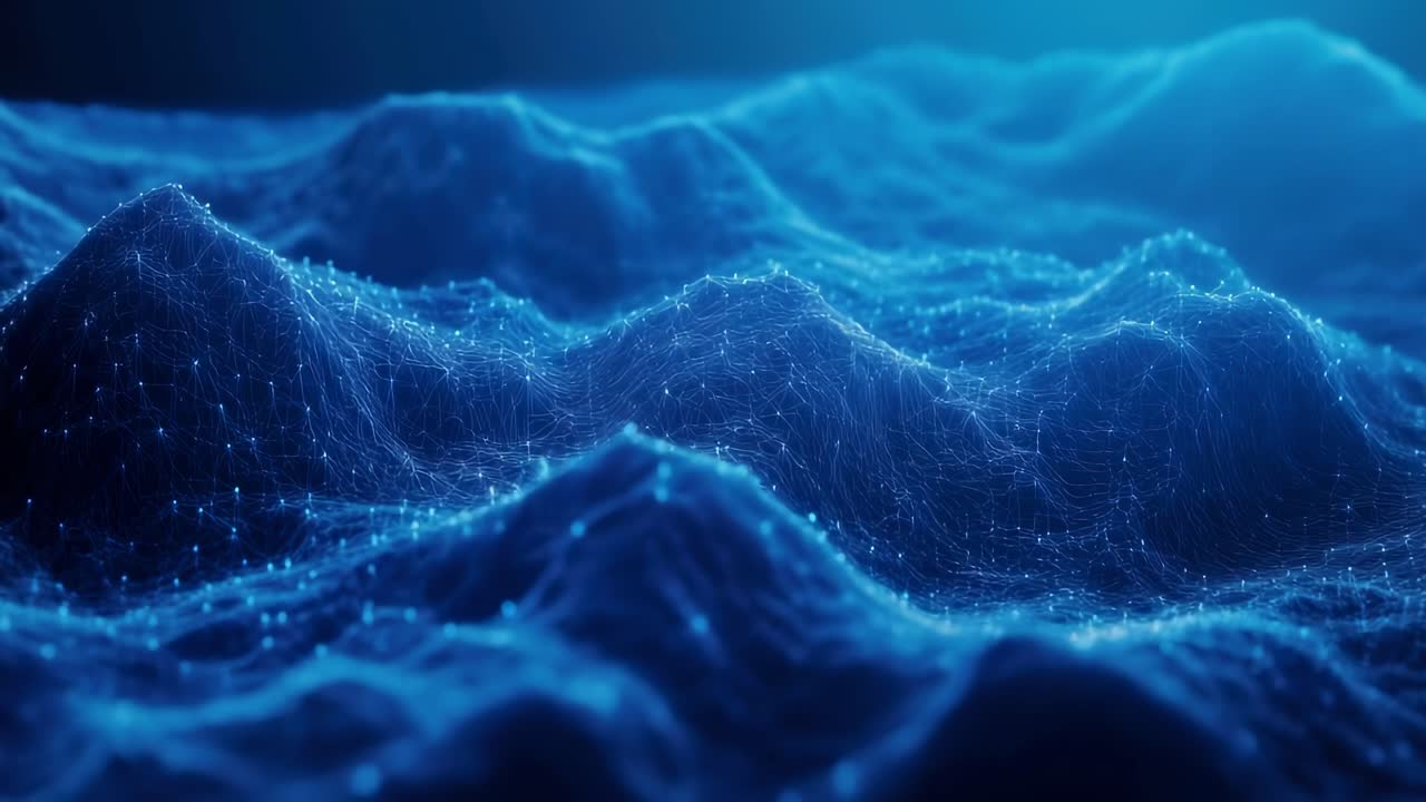 Aerial view of a digital landscape with blue wireframe peaks, resembling a futuristic terrain