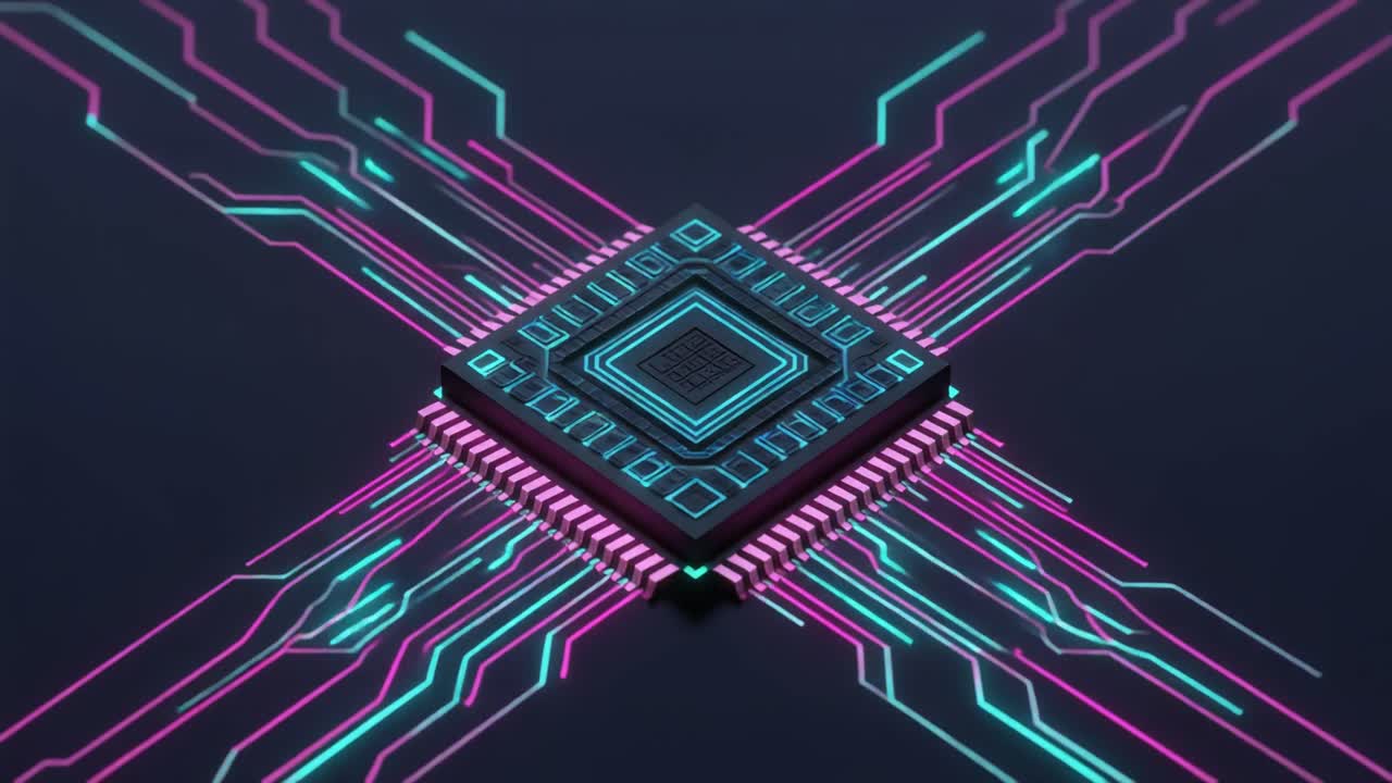 Digital Processor with Glowing Neon Data Flow Animation