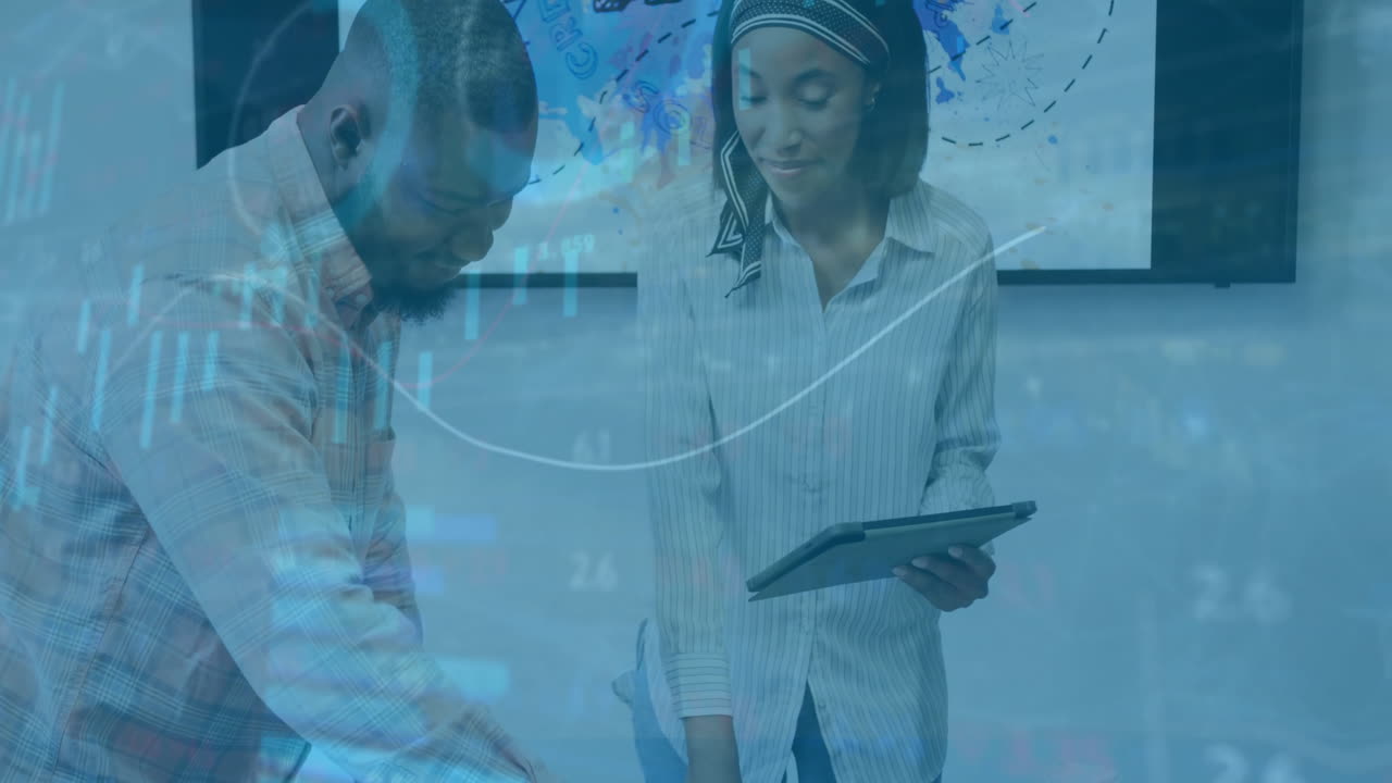 Business data analysis animation over colleagues discussing project in office