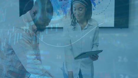 business data analysis animation over colleagues discussing project in office