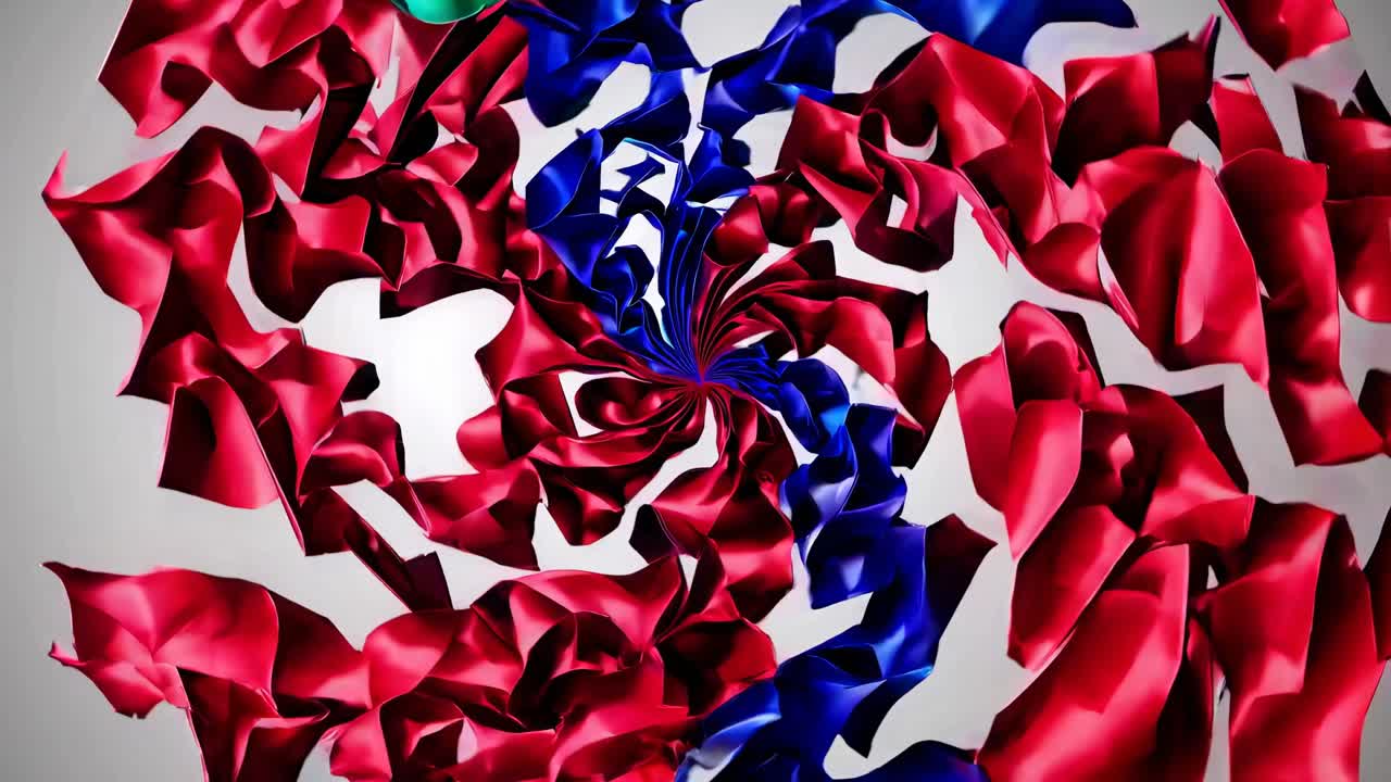 Abstract video art with a swirling pattern of blue and teal ribbons